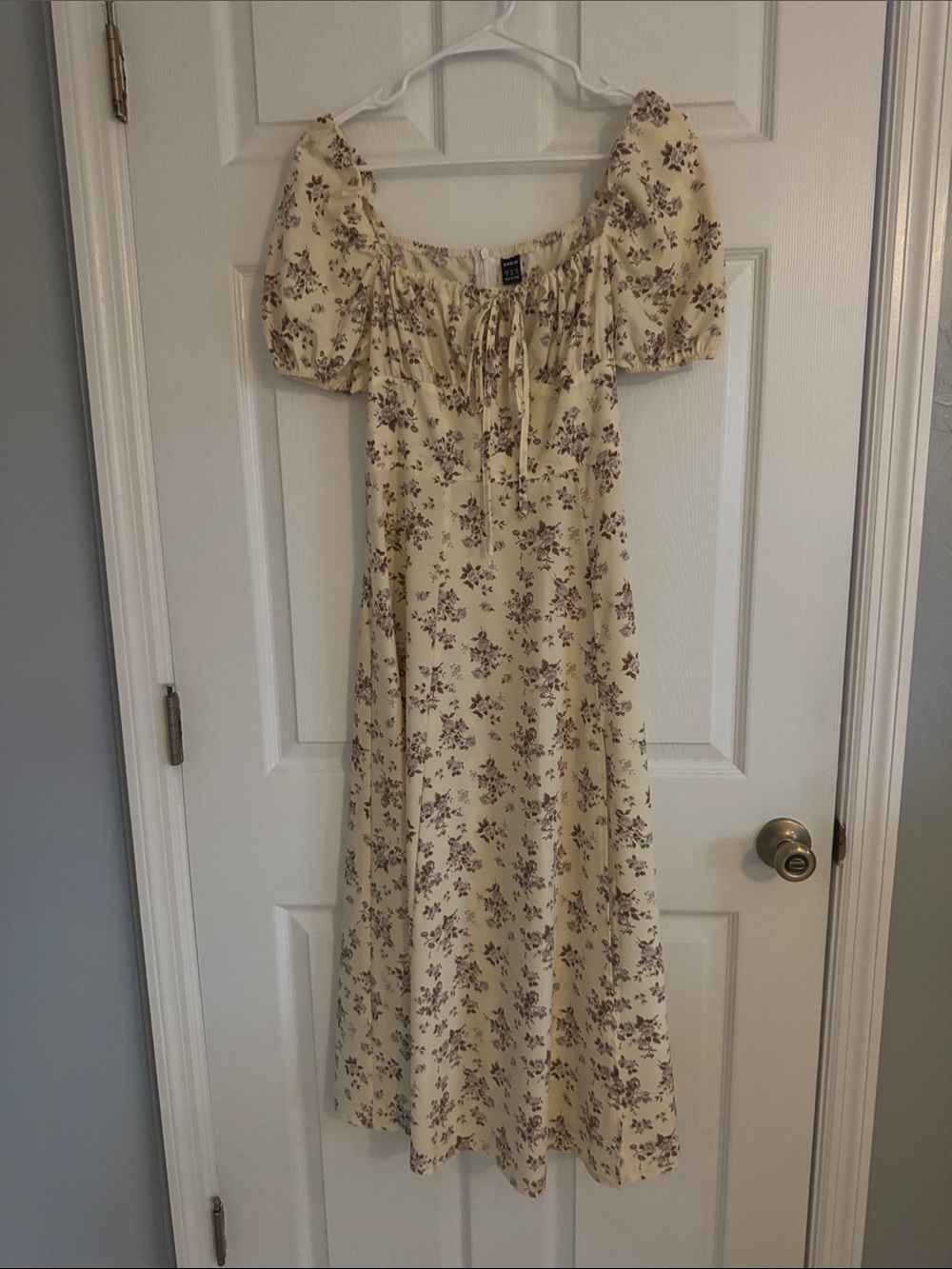 SHEIN Cream Midi Dress with Purple Floral and Puff Sleeves
